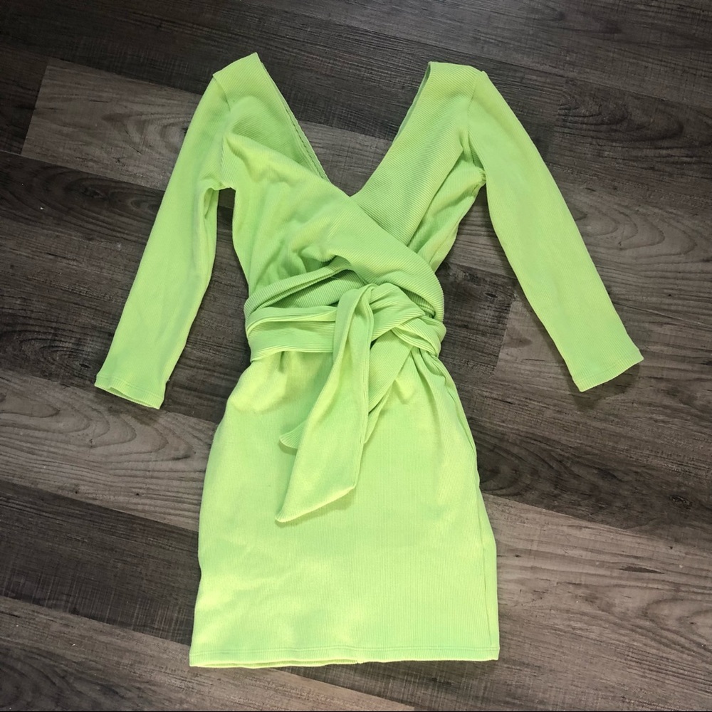 Neon Lime Wrap-Front Bodycon Dress - Women